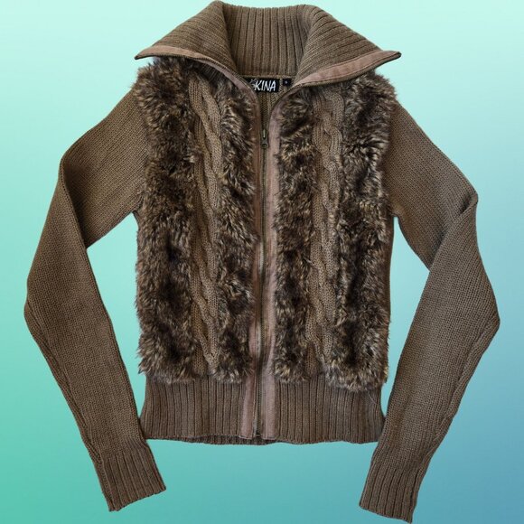 Y2k Brown Faux Fur cardigan Size s Full Zip Boho Grunge Cable Knit Collared - Picture 1 of 7